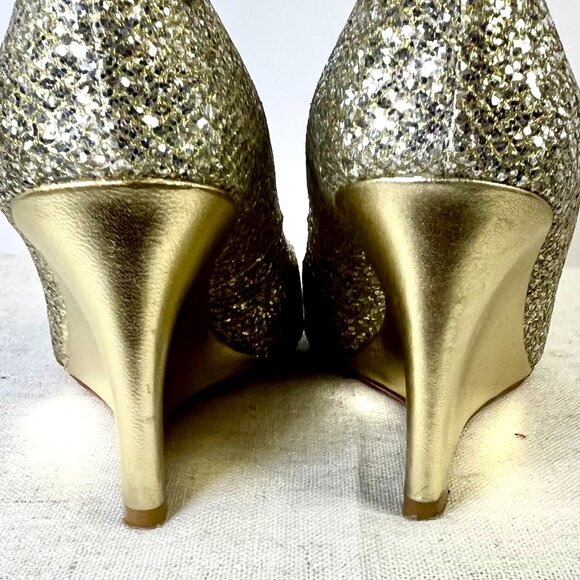 Badgley Mischka Gold Glitter Wedge Heels Size 7 1/2 - Picture 5 of 16